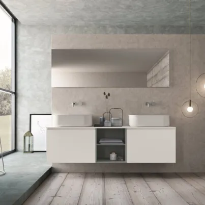 Mobile da Bagno sospeso in HPL bianco e laccato azzurro con top bianco opaco con doppio lavabo Calix XL 11 di Novello