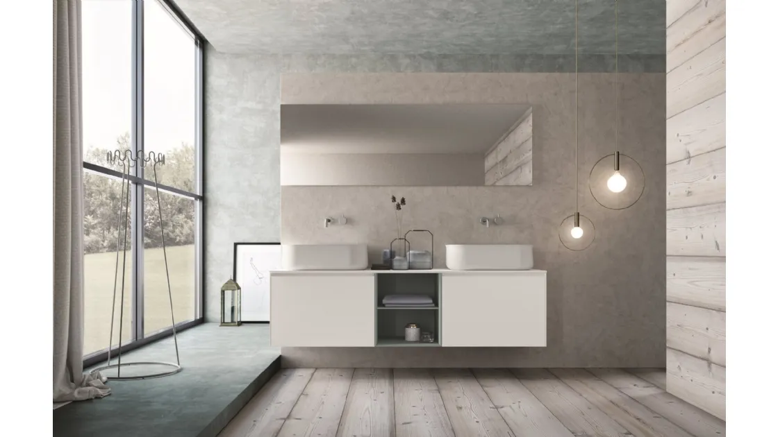 Mobile da Bagno sospeso in HPL bianco e laccato azzurro con top bianco opaco con doppio lavabo Calix XL 05 di Novello