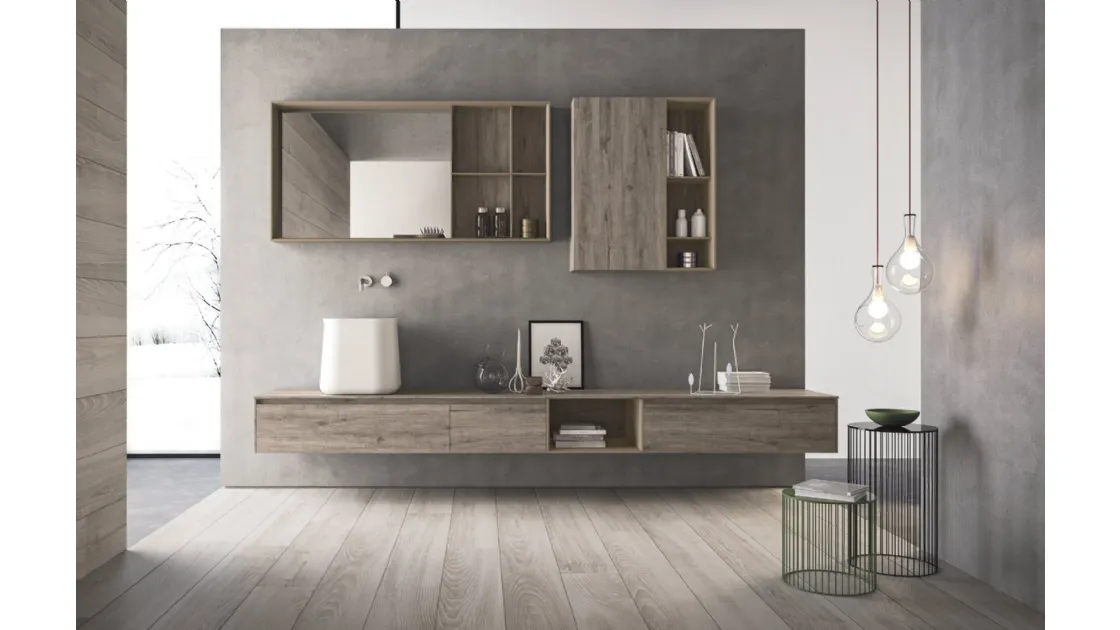 Mobile da Bagno in HPL rovere barrique e laccato canapa opaco con lavabo in teknorit bianco opaco Calix XL 08 di Novello