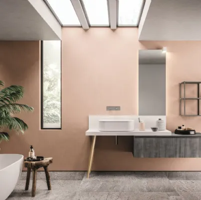 Mobile da Bagno in laccato metal acciaio, top in teknorit laccato bianco e gamba in rovere nodato naturale Calix XL 16 di Novello