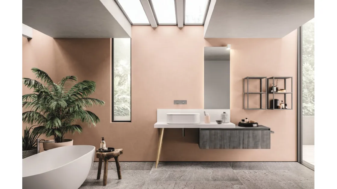 Mobile da Bagno in laccato metal acciaio, top in teknorit laccato bianco e gamba in rovere nodato naturale Calix XL 16 di Novello