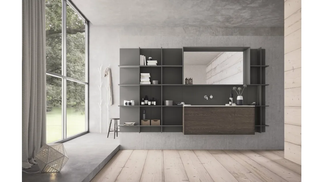 Mobile da Bagno sospeso in HPL rovere bruciato e laccato grigio scuro opaco Calix XL 12 di Novello