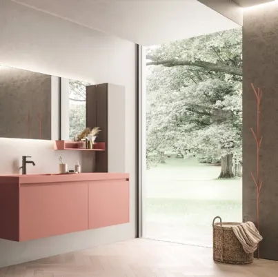 Mobile da Bagno sospeso in laccato rosa corallo opaco con top in teknorit dello stesso colore Calix XL 20 di Novello