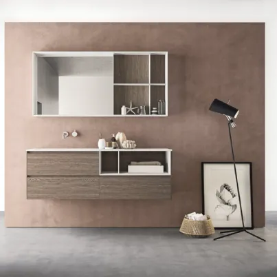 Mobile da Bagno sospeso in HPL unicolor rovere tabacco e lavabo integrato in Teknorit bianco opaco Calix XL 19 di Novello