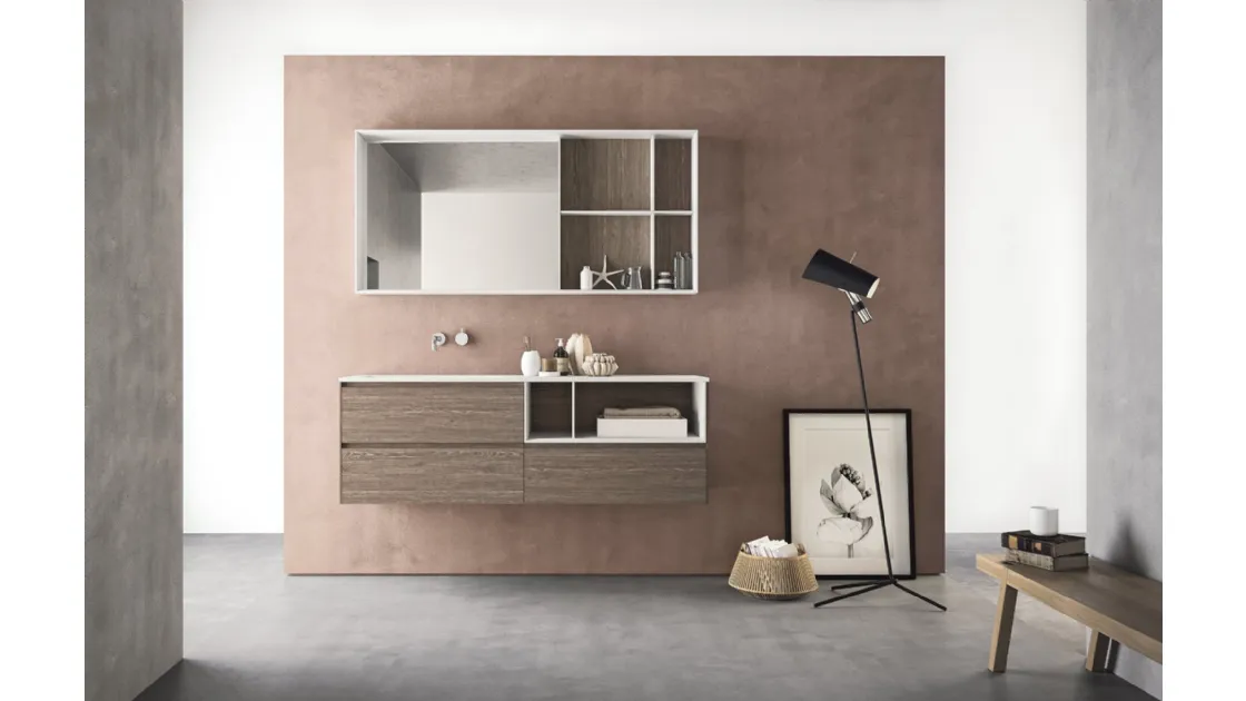 Mobile da Bagno sospeso in HPL unicolor rovere tabacco e lavabo integrato in Teknorit bianco opaco Calix XL 19 di Novello