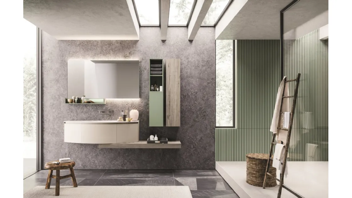 Mobile da Bagno sospeso con frontali curvi laccati seta opaco e HPL rovere barrique Calix XL 20 di Novello