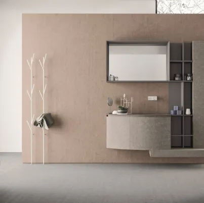 Mobile da Bagno sospeso con frontali curvi in HPL unicolor portland e lavabo integrato in teknorit tortora opaco Calix XL 21 di Novello