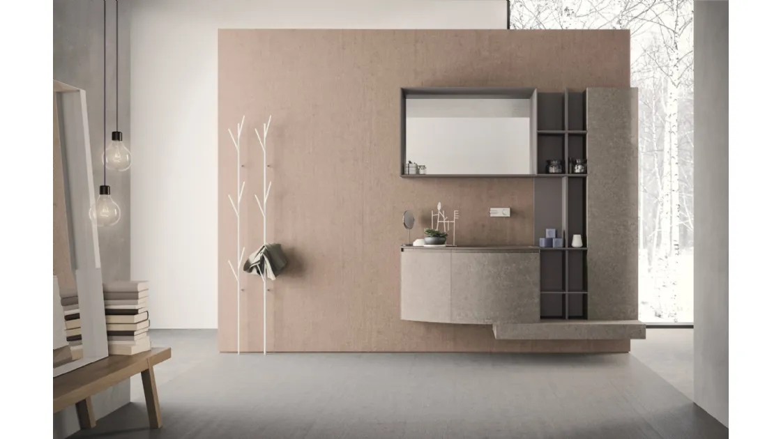 Mobile da Bagno sospeso con frontali curvi in HPL unicolor portland e lavabo integrato in teknorit tortora opaco Calix XL 21 di Novello