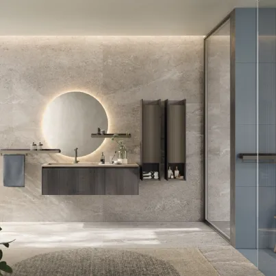 Mobile da Bagno sospeso in rovere fumo con top in laminam D'Art 04 di Novello