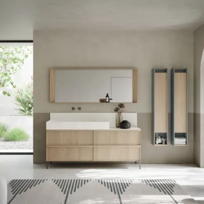 Mobile da Bagno a terra con ante in rovere con frontale plissè e alzatina in teknorit bianco opaco D'Art 06 di Novello
