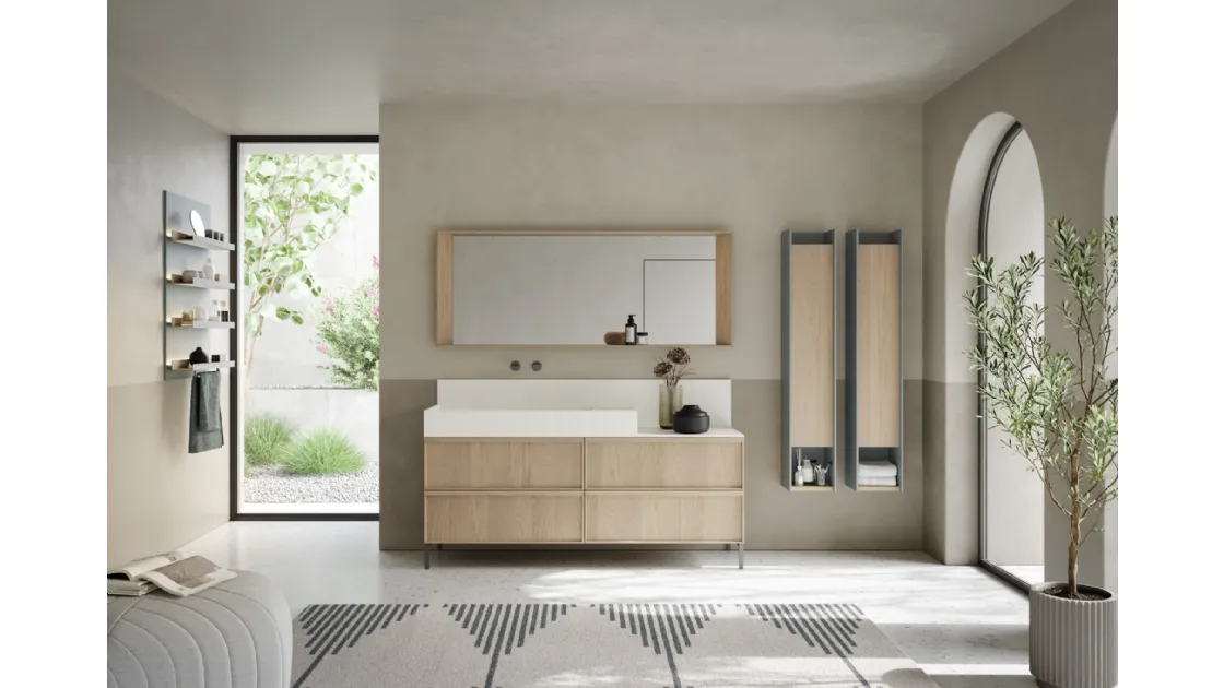 Mobile da Bagno a terra con ante in rovere con frontale plissè e alzatina in teknorit bianco opaco D'Art 06 di Novello