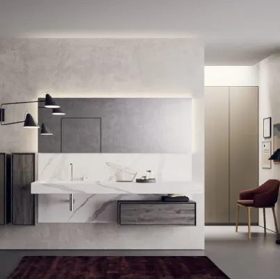 Mobile da Bagno sospeso in HPL rovere barrique con piano lavabo integrato e alzatina in laminam statuario Libera+ 07 di Novello