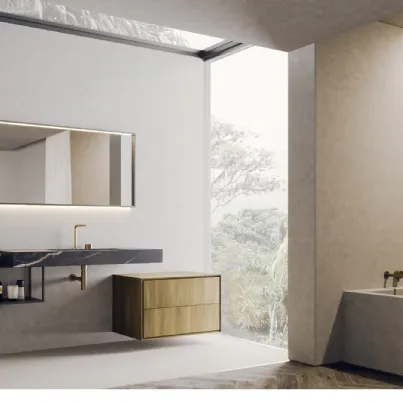 Mobile da Bagno sospeso con struttura in metallo laccato grigio scuro e base sospesa in laccato metal ottone con piano lavabo integrato in laminam noir desir Libera+ 11 di Novello