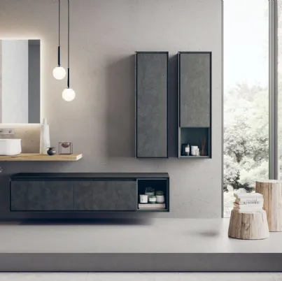 Mobile da Bagno sospeso in cemento grigio scuro e top in rovere massello Libera+12 di Novello