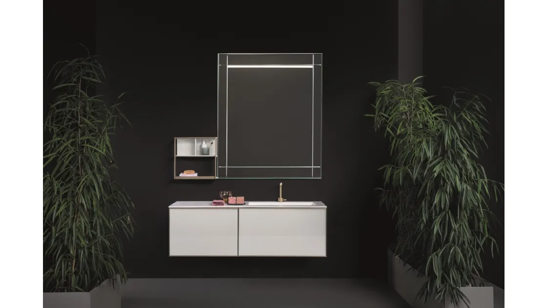 Mobile da Bagno sospeso in vetro bianco con top in teknorit bianco opaco Quari 04 di Novello