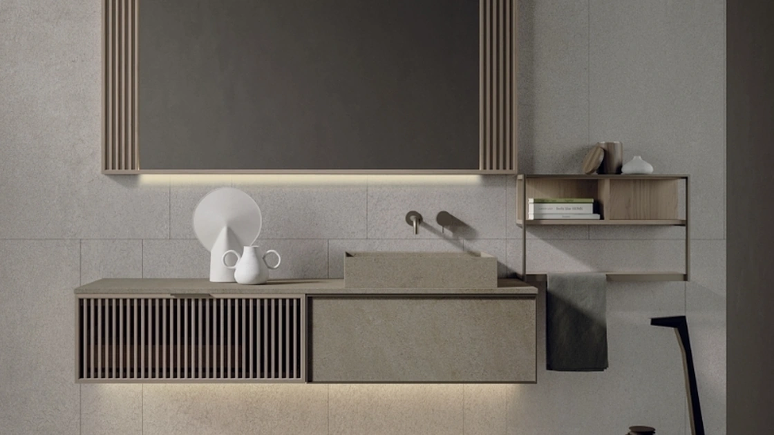 Mobile da Bagno sospeso Quari New 02 in gres e rovere di Novello