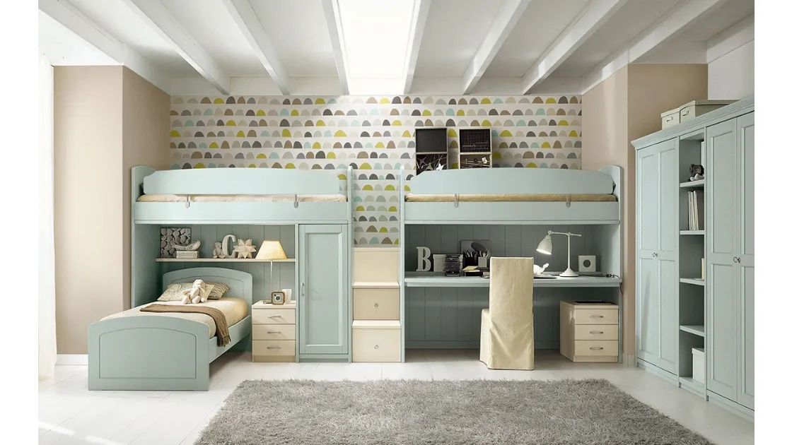 Cameretta in legno finitura Azzurro fiordo a soppalco N16 Nuovo Mondo con tre letti di Scandola