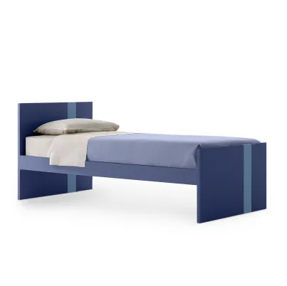 Letto singolo Lila in melaminico Blu con striscia Azzurra sulla testiera e sulla pediera di Nidi