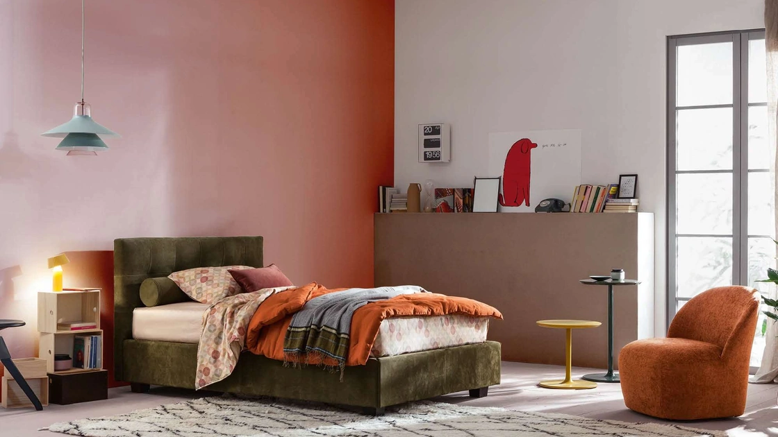 Letto Singolo in tessuto Max Capitonné con contenitore di Twils