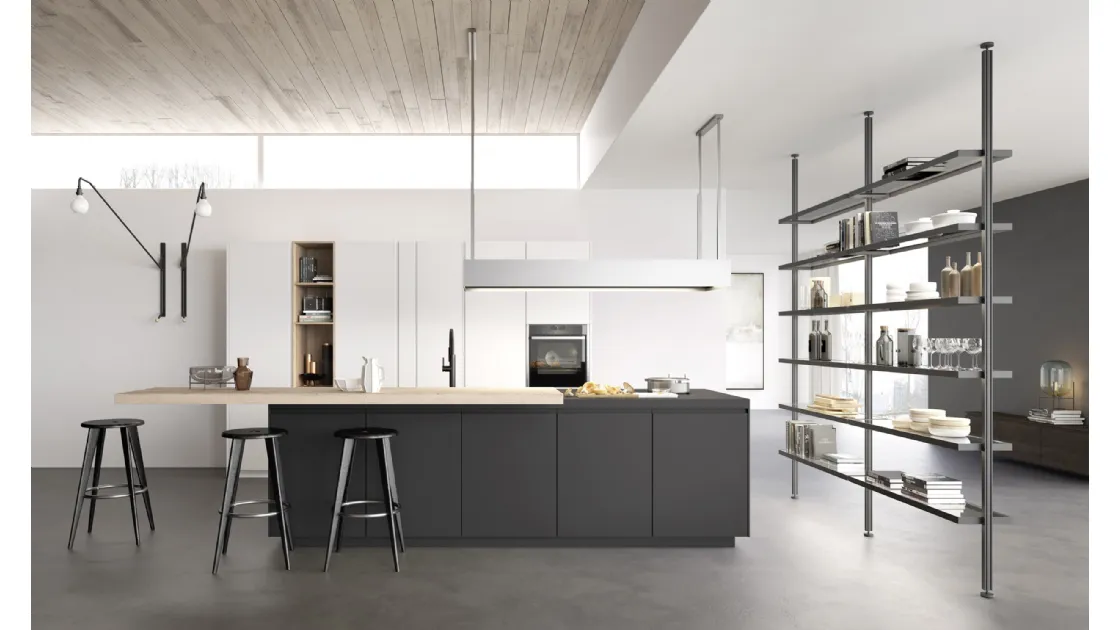 Cucina Moderna M2 Linea con isola in Fenix Nero e penisola in essenza Olmo sbiancato di Meson's Cucine