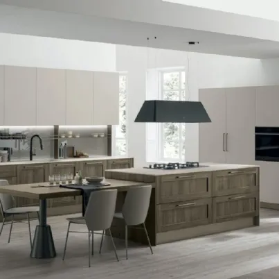 Cucina Moderna con isola City v01 in Termo Strutturato Rovere Liquirizia e Pet Beige Seta di Stosa